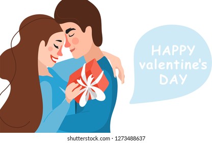 Happy valentines day vector design with hug couple in love, gift present on white background. Holiday greeting with love. Vector illustration.