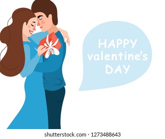 Happy valentines day vector design with hug couple in love, gift present on white background. Holiday greeting with love. Vector illustration.