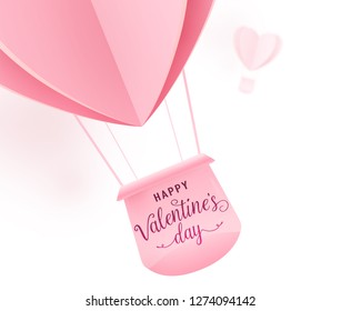 Happy valentines day vector design with paper cut pink heart shape hot air balloons flying on white background. Holiday greeting with love. Vector illustration.