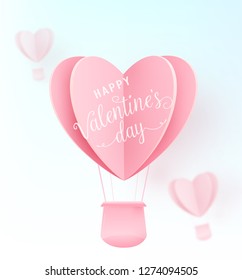 Happy valentines day vector design with paper cut pink heart shape hot air balloons flying on blue background. Holiday greeting with love. Vector illustration.