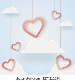 Happy valentines day vector design with rose gold heart shape decoration on light blue background