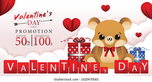 Happy valentine's day vector design with cute brown teddy bear, red word box, paper cut red heart shape and red ribbon on pink cloudy background. 