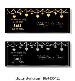  Happy Valentine's day, vector design with pearls and heart with elements of gold and silver falga, suitable for flyers, greeting cards, promotions, special offers, promotions