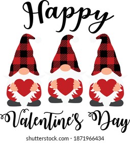 Happy Valentine's Day vector design, Valentine Gnomes with Hearts, Buffalo Plaid Design, 