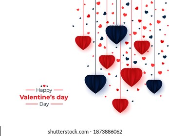 Feliz diseño vectorial del día de San Valentín con el papel cortado corazones rojos y azules forma globos de aire colgados en fondo blanco. Ilustración vectorial.