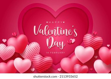 Happy Valentine's Day vector design background with realistic 3d heart for Greeting Card,  flyer, Poster, Banner etc. Vector Illustration Graphic.