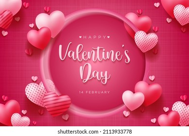 Happy Valentine's Day vector design background with realistic 3d heart for Greeting Card,  flyer, Poster, Banner etc. Vector Illustration Graphic.