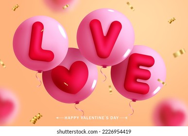 Feliz diseño vectorial del día de San Valentín. Texto de amor en globos rosados flotando elementos para la decoración de fondo de tarjeta de saludo. Ilustración vectorial.