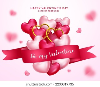 Happy valentine's day vector design. Be my valentine text in red ribbon with heart bunch balloons for seasonal holiday background. Vector Illustration.
