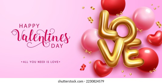 Happy valentine's day vector design. Valentine's day greeting text with love inflatable balloons for holiday season background. Vector Illustration.
