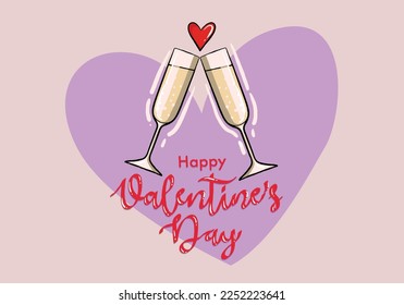 Happy Valentine's Day Vector Design. Valentine's Day Vector With champagne glasses. Valentine's Day Design for Poster, Social Media, Banner or Advertisement.