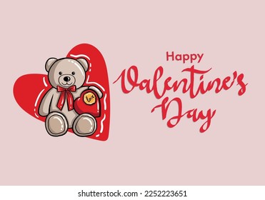 Happy Valentine's Day Vector Design. Valentine's Day Vector With cute Teddy bear and hearts. Valentine's Day Design for Poster, Social Media, Banner or Advertisement.