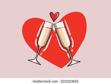 Happy Valentine's Day Vector Design. Valentine's Day Vector With champagne glasses. Valentine's Day Design for Poster, Social Media, Banner or Advertisement.