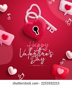 Feliz diseño vectorial del día de San Valentín. Texto del día de San Valentín con elementos de bloqueo y símbolo de amor. Tarjeta de saludo de fondo rojo de la ilustración del vector. 