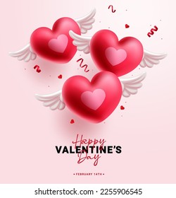 Happy valentine's day vector design. Valentine's day greeting text with heart balloons flying elements. Vector illustration valentine invitation card background.  