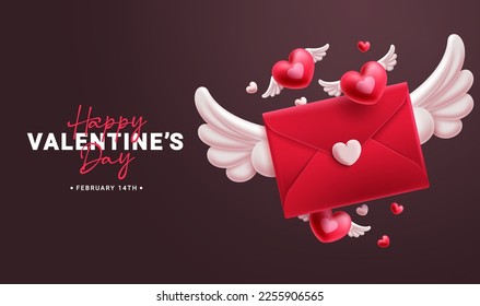 Feliz Día de San Valentín de fondo de diseño vectorial. Texto de bienvenida de San Valentín con carta de amor y elementos voladores de corazón. Decoración de la tarjeta de invitación valentina de la ilustración del vector. 