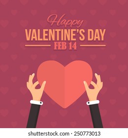 Happy Valentine's Day Vector Design. Announcement and Greeting Card. Hands Hold Heart Flat Concept