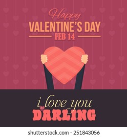 Happy Valentine's Day Vector Design. Announcement and Greeting Card. Hands Hold Heart Flat Concept