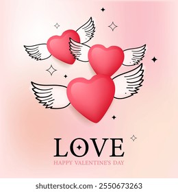 Happy valentine's day vector design. Love text with heart wings balloons flying elements. Vector illustration Valentine invitation card background