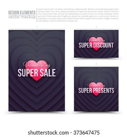 Happy Valentines Day vector design elements: flayer, card, banner. Super sale, super discount, super presents. Vector design template. Vector design mock up. Vector typography design