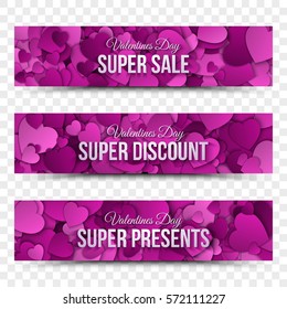 Happy Valentine's Day Vector Design Elements Web Banners on Transparent Background. Super Sale, Discount, Presents