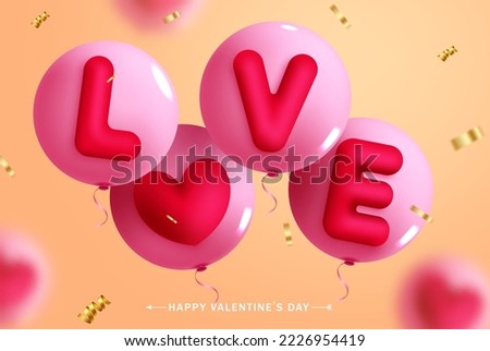 Happy valentine's day vector design. Love text in pink balloons floating elements for greeting card background decoration. Vector Illustration.