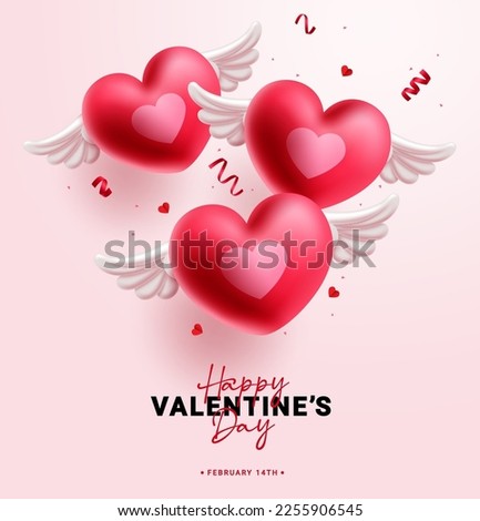 Happy valentine's day vector design. Valentine's day greeting text with heart balloons flying elements. Vector illustration valentine invitation card background.  