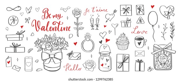 Happy Valentines day vector doodle set. Handwritten Lettering Be my Valentine. Isolated objects  