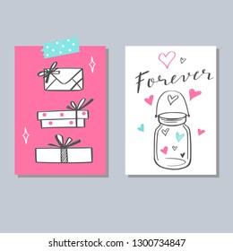 Happy Valentines day vector doodle set, banners, posters, tags, labels, background. Handwritten Lettering Be my Valentine. Isolated objects  
