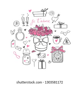 Happy Valentines day vector doodle set, banner, background. Handwritten Lettering . Isolated objects  