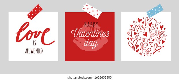 Happy Valentines day vector doodle set, banners, posters, tags, labels, background. Handwritten Lettering Be my Valentine. Isolated objects  