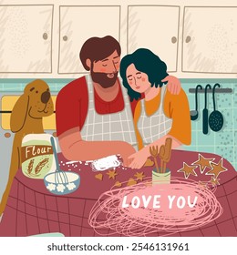 Feliz día de San Valentín Vector con cocina familiar.  Card te quiere. Día de San Valentín. Vector dibujado a mano.