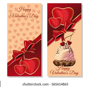 Happy Valentine's Day. Vector festive backgrounds with red ribbon and bow for Valentines Day. Set of vintage greeting cards for Valentine's Day.