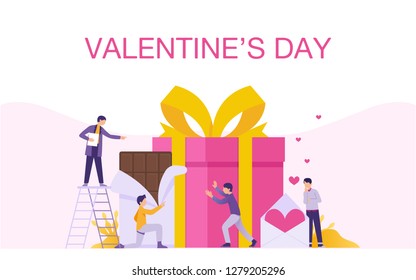 Happy Valentine's day vector flat concept, men prepare gift for Valentine's day , for poster, background, web, and card
