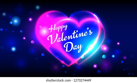 Happy valentines day vector greeting cards, bright multi-colored neon heart shape on dark bokeh background