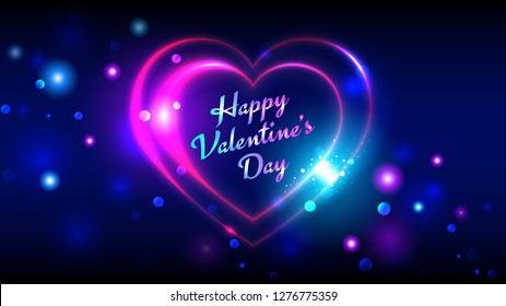 Happy valentines day vector greeting cards, bright multi-colored neon heart shape on dark bokeh background