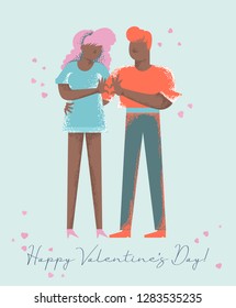 Happy Valentines Day. Vector greeting card with couple in love. Modern style