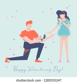 Happy Valentines Day. Vector greeting card with couple in love. Modern style