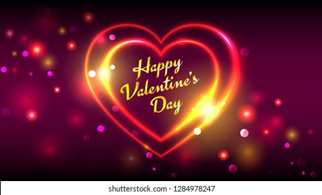 Happy valentines day vector greeting cards, bright red golden heart shape on dark magenta bokeh background