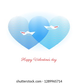Happy Valentines day vector greeting card with two paper boats decorated with red hearts floating on blue waves