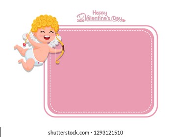 Happy Valentine's Day. Vector Greeting Card cupid cartoon character with bow and arrow. decorative element on Valentine. posters, gift tags and labels