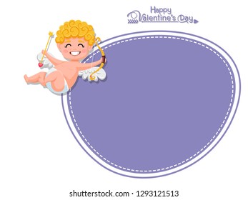 Happy Valentine's Day. Vector Greeting Card cupid cartoon character with bow and arrow. decorative element on Valentine. posters, gift tags and labels