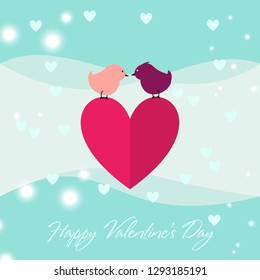 Happy Valentines Day vector greeting card or invitation in modern flat colors. Two small birds sitting on a big red heart against each other