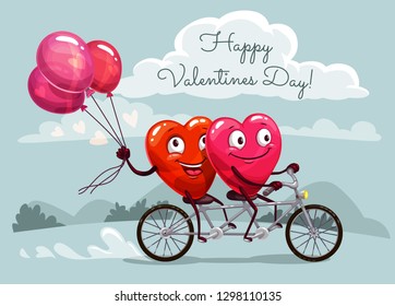 Happy Valentines Day vector greeting card with couple of loving hearts with red balloons riding bicycle. Romantic love holiday celebration design