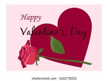 Happy Valentine's Day vector greeting card with rose and heart on a pink background. 