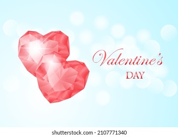 Fröhliche Valentinstag Vektor Grußkarte. rosafarbene Edelsteine auf blauem Bokeh-Hintergrund. Urlaubsposter mit Diamanten, Juwelen. Konzept für Valentiner Banner, Flyer, Partyeinladung, Schmuck Geschenkladen.