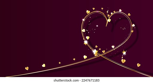 Feliz día de San Valentín, tarjeta de saludo vectorial. Corazón dorado con fondo rojo oscuro. Pancarta, volante, invitación para fiestas, tienda de regalos