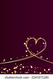 Happy Valentines day vector greeting card. Gold heart on dark red background. Concept for Valentines banner, flyer, party invitation, jewelry gift shop