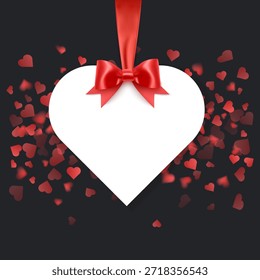 Happy Valentine's Day vector greeting card template. A note with a realistic red silk ribbon bow hanging against a dark background. Surrounded by falling red hearts Elegant festive design for holiday banners, posters, or social media