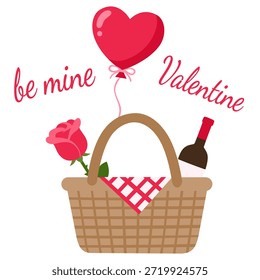 Tarjeta de felicitación feliz del Vector del día de San Valentín. Una rosa, una botella de vino, una cesta de picnic, un globo en forma de corazón. La estética ama el diseño para las vacaciones del 14 de febrero. Regalos de San Valentín